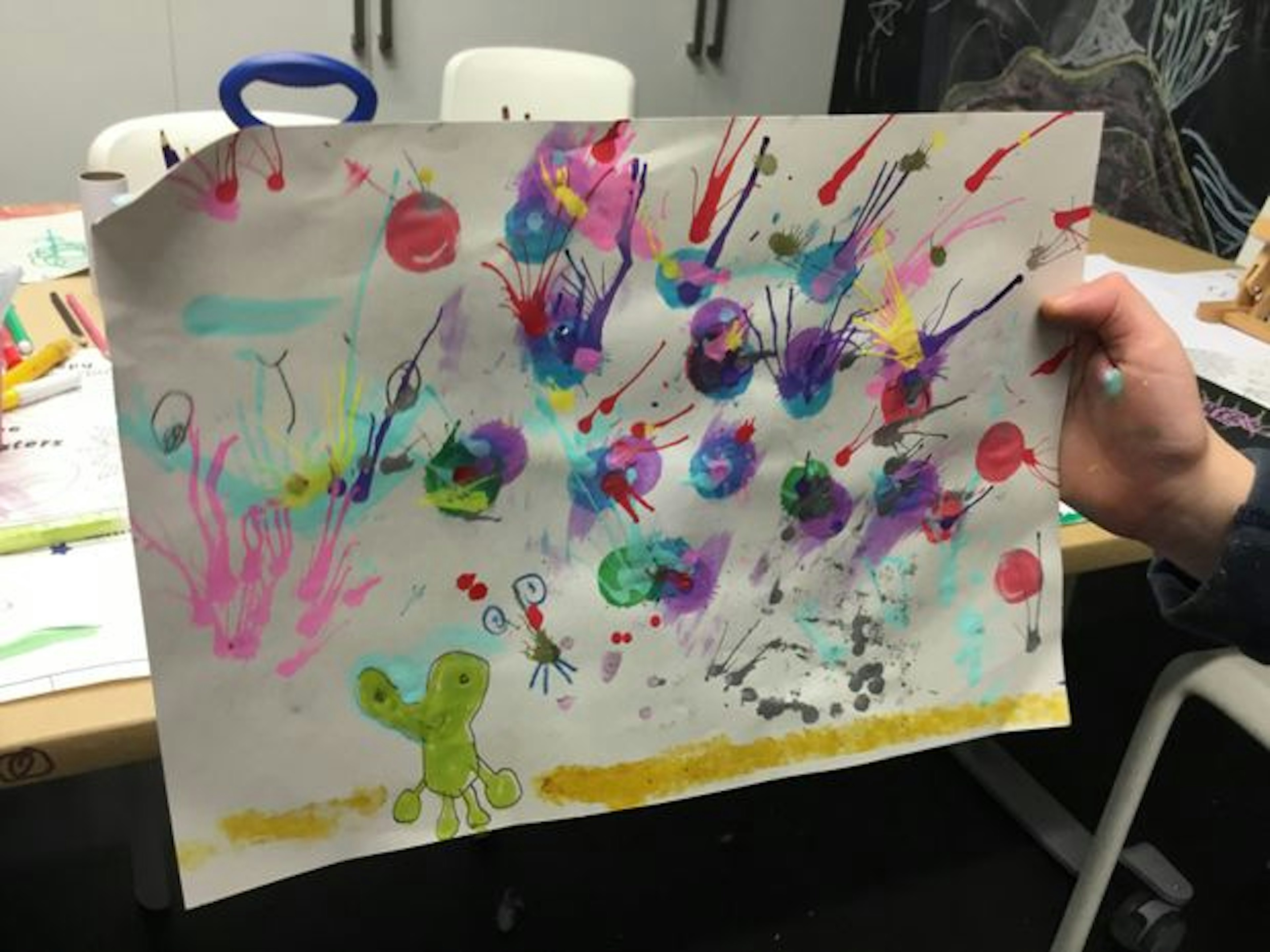 To draw this you need to make a frog and put fireworks and aliens there too. Silver paint works great to draw explosions.